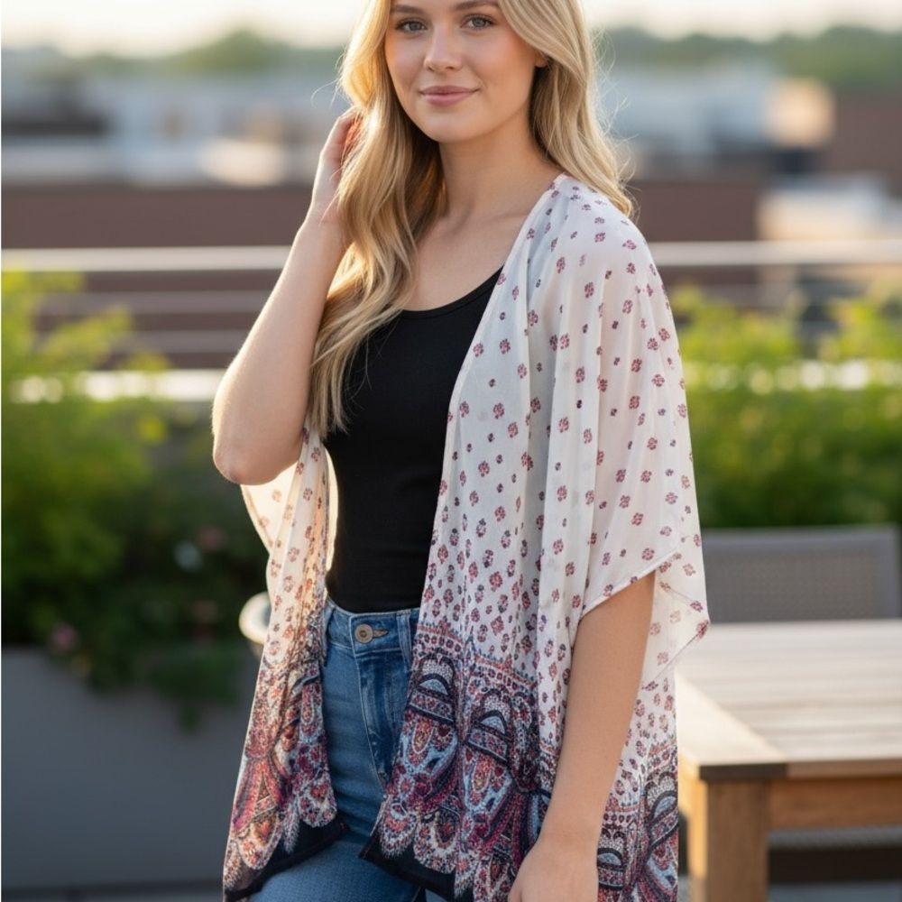 Xhilaration Cream and Red Patterned Top